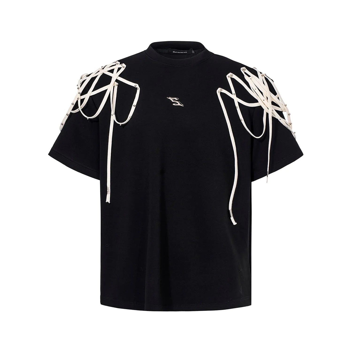 Black loose fit short sleeve t-shirt with padded shoulder detail on a hanger.