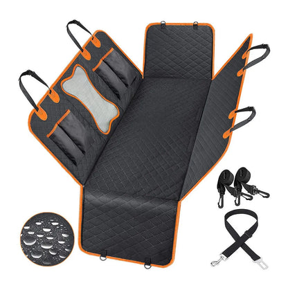 Black and orange edge waterproof dog car seat mat measuring 147x137cm with mesh window and accessory pocket