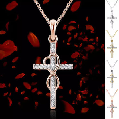 Alloy pendant necklace with diamond and eight-character cross design in gold, silver, and rose gold