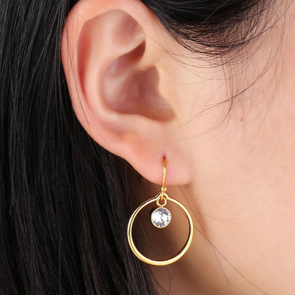 Titanium steel circle earrings with zirconia inlays, gold tone, unisex U-shape geometric and zodiac styles