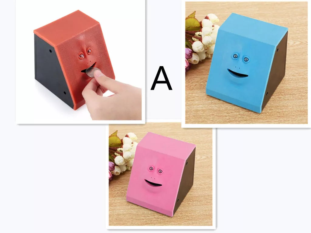 Face Intelligent Induction Electric Piggy Bank with realistic money-eating action in brick blue, pink, or red