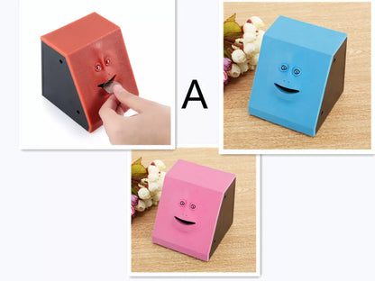 Face Intelligent Induction Electric Piggy Bank with realistic money-eating action in brick blue, pink, or red