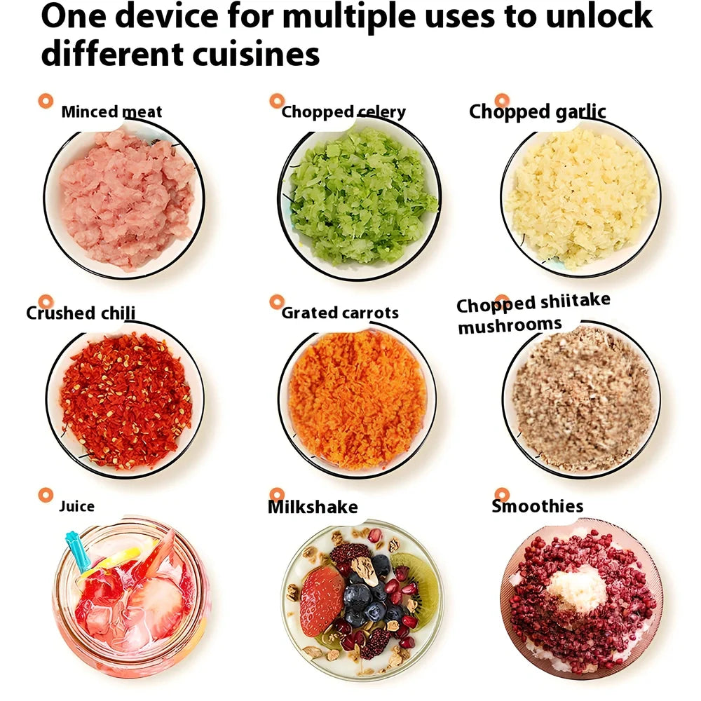 Dark blue meat grinder blender with 200W motor, 25cm height, universal voltage 111V-240V compatibility