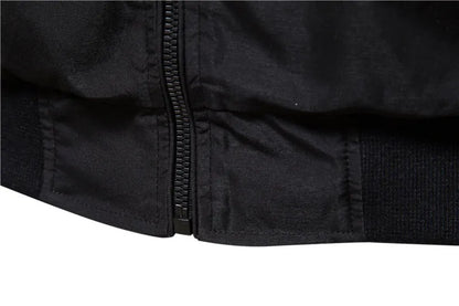 Men's thin polyester jacket in dark blue, black, or army green with continental sizing from S to XXL for casual wear.