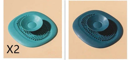 TPR vortex design sink drain cover in twilight orange, quiet blue, mango yellow, and gentian green