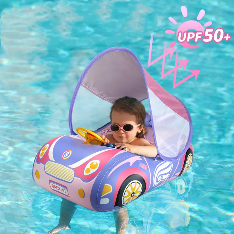 Children's running model swimming ring with sun protection and steering wheel