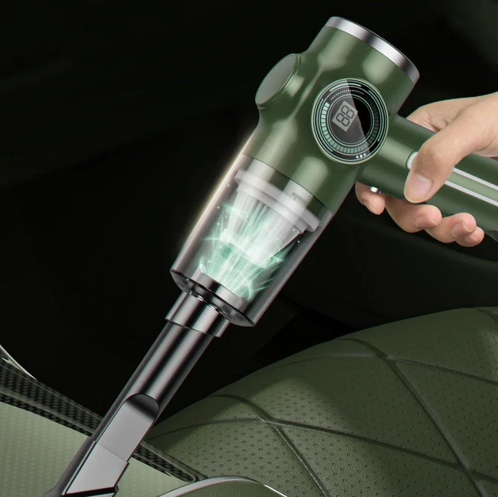 Black handheld vacuum cleaner with USB charging port measuring 25cm length for car and home dust removal