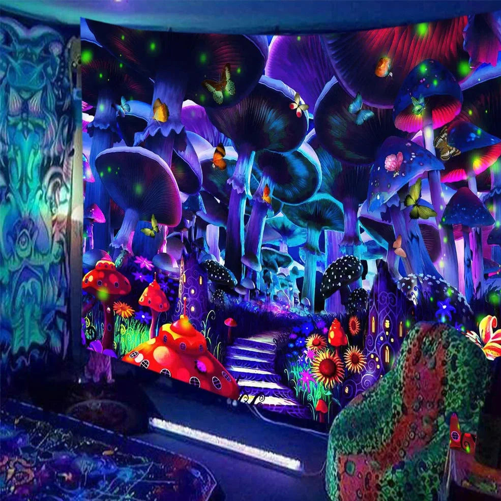 Skull print fluorescent wall tapestry showing detailed pattern on polyester fabric with hanging accessories