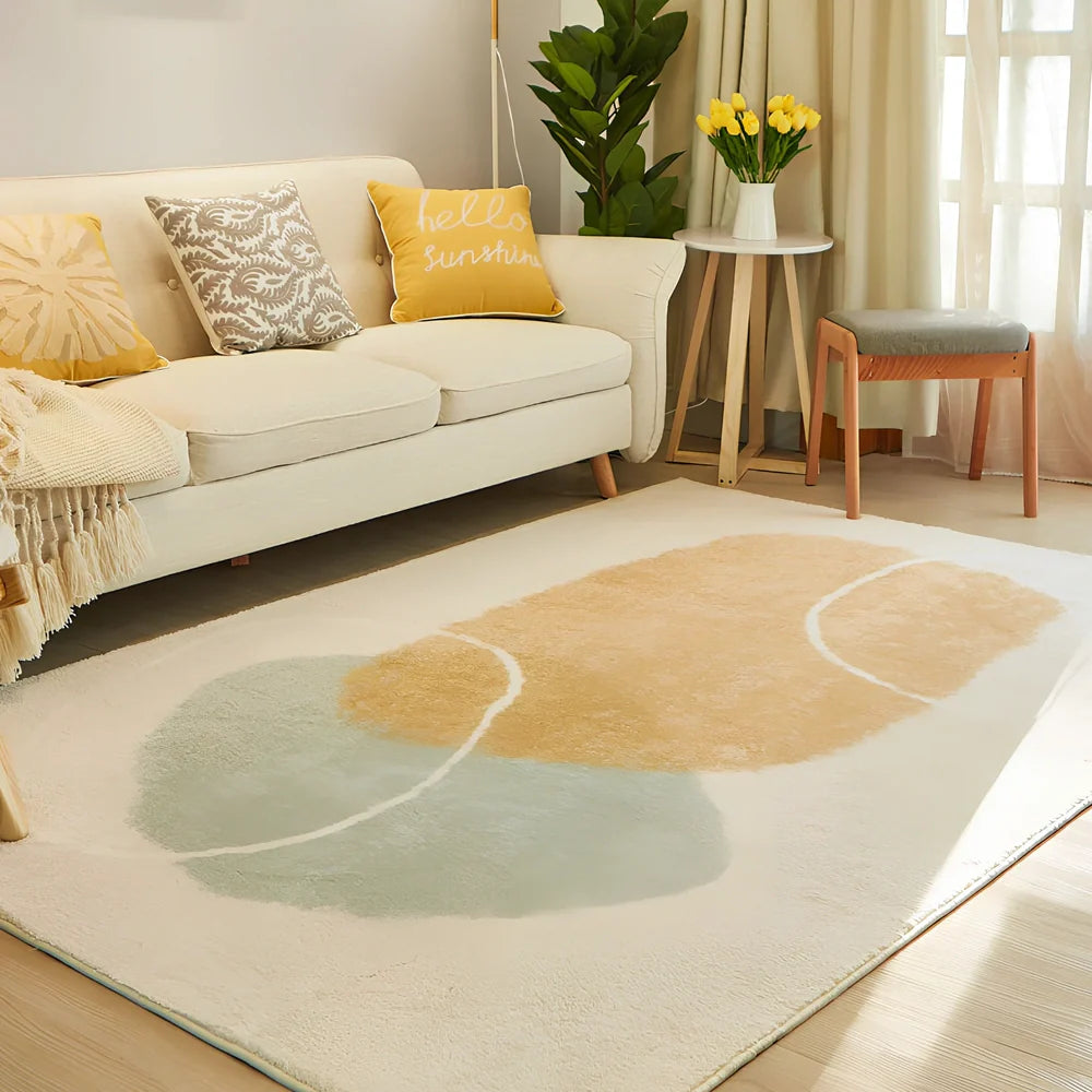 Rectangular machine-woven blanket cushion in mountain breeze colour on sofa