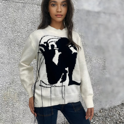 Women's grey alpaca wool sweater with abstract pattern and tassel design on regular sleeves
