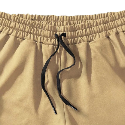 Khaki coconut print men's sports shorts with elastic waistband and straight leg design