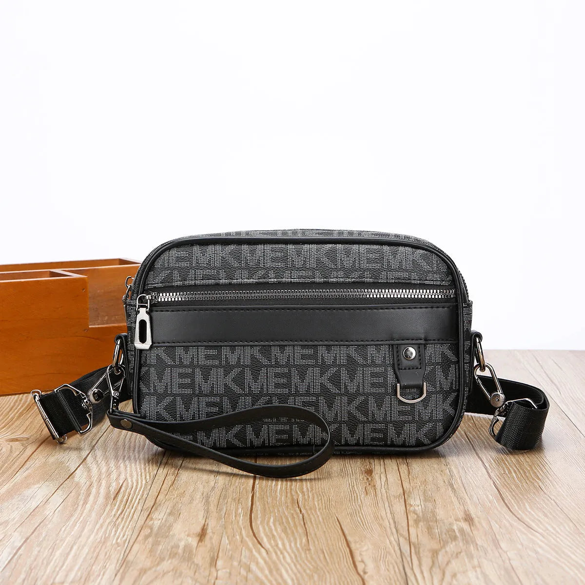 Men's black geometric pattern PU leather messenger bag with handheld horizontal design