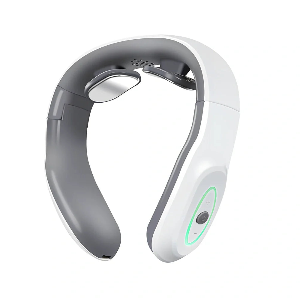 White folding electric pulse shoulder massager showing compact 19cm by 12.5cm by 6cm size with USB charging port