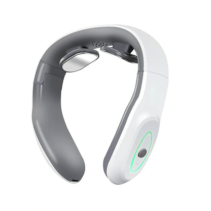 White folding electric pulse shoulder massager showing compact 19cm by 12.5cm by 6cm size with USB charging port