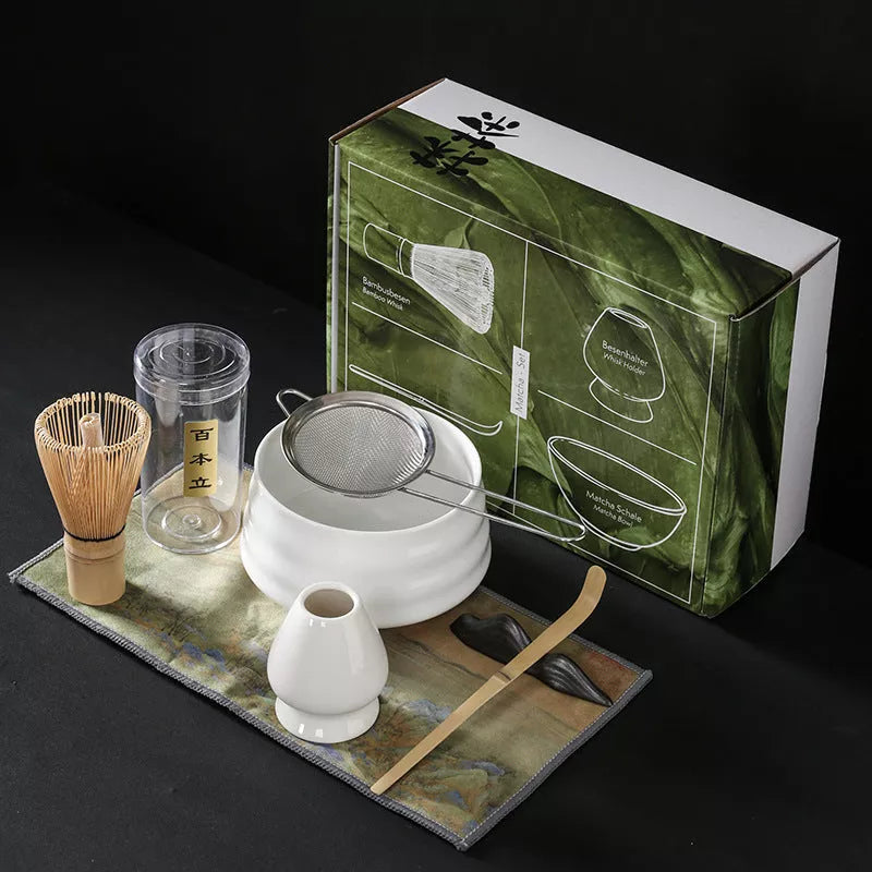 Japanese Matcha Tea Set with ceramic bowl and brush in clear glaze