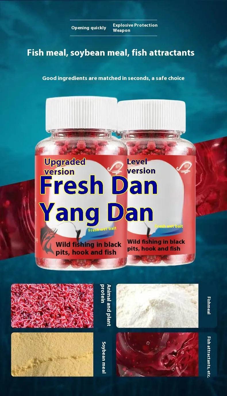 Bottle of grass green lazy particle fishing bait with fresh red pellets for crucian carp