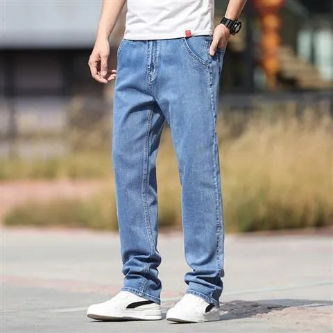 Smoky gray men's straight leg jeans with rabbit fur fabric on a hanger.
