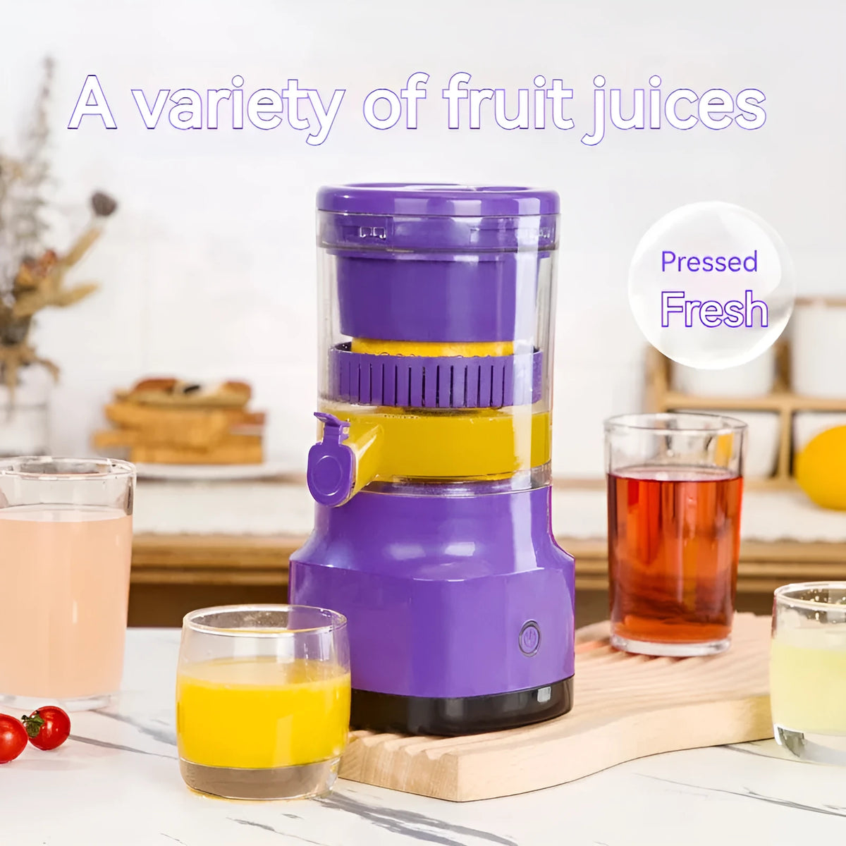 Purple USB rechargeable electric citrus juicer with detachable parts and charging cable.