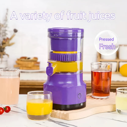 Purple USB rechargeable electric citrus juicer with detachable parts and charging cable.