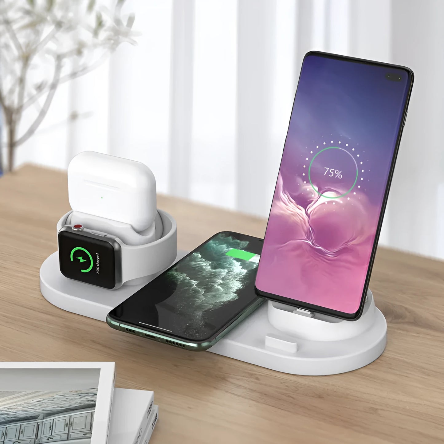 Black or white 6-in-1 wireless charging mobile phone holder station for Apple devices.
