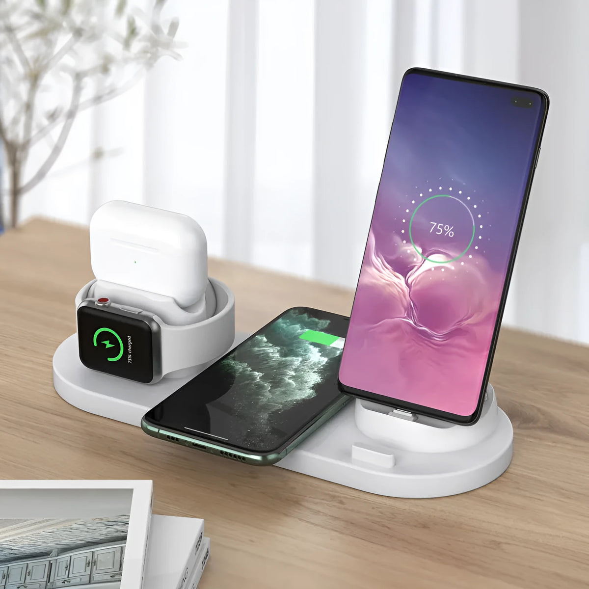 Black or white 6-in-1 wireless charging mobile phone holder station for Apple devices.