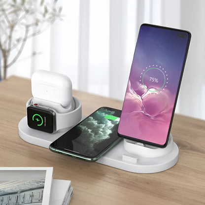 Black or white 6-in-1 wireless charging mobile phone holder station for Apple devices.
