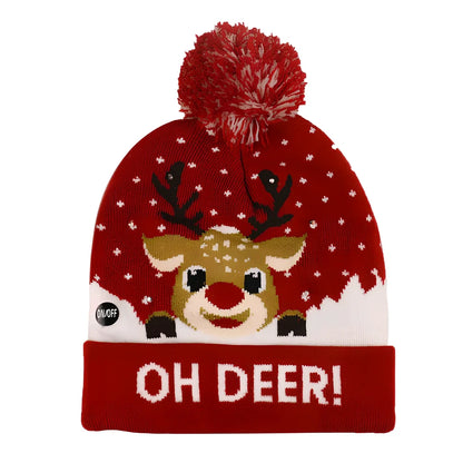 Christmas LED knitted hat with built-in lights showing flexible sizing and integrated illumination system