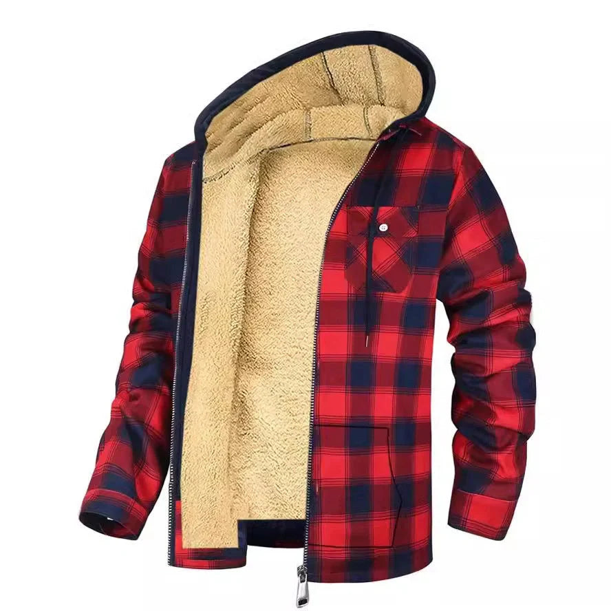 Men's plaid print hooded zip-up jacket with thickened cotton padding for winter warmth