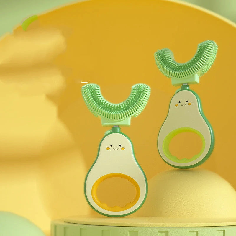 Creativity Baby Q Cute Teeth U-shaped Silicone Toothbrush in light yellow and sea foam green