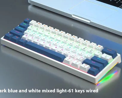 Small white 61-key mechanical keyboard with hot-swappable sockets and a black USB cable.