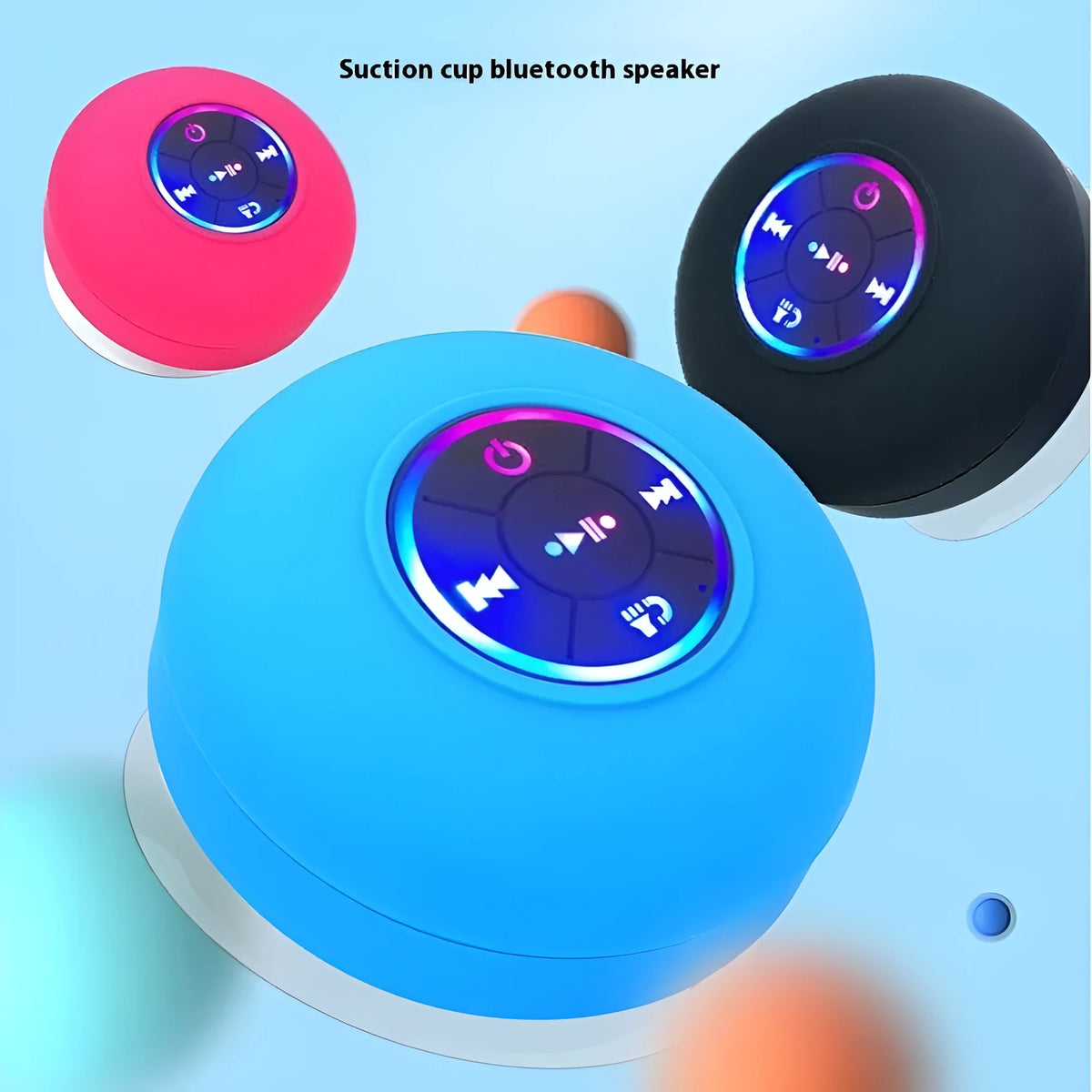 BTS07 large suction cup waterproof Bluetooth speaker in six colours: black, blue, green, red, white, yellow.