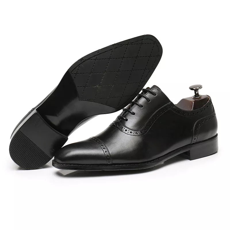 Men's black and dark brown brogue leather Oxford shoes with non-slip rubber soles