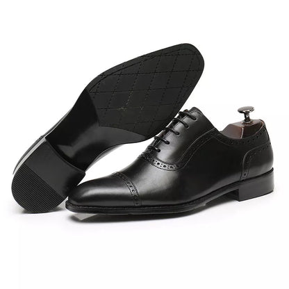 Men's black and dark brown brogue leather Oxford shoes with non-slip rubber soles