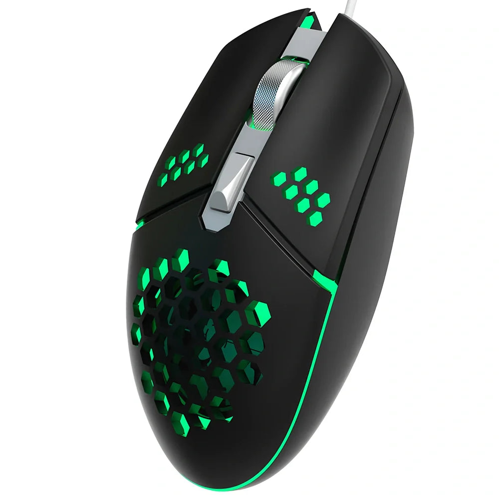 Wired gaming mouse with honeycomb shell and cooling fan, showing ergonomic ≥120mm design with 6 programmable buttons