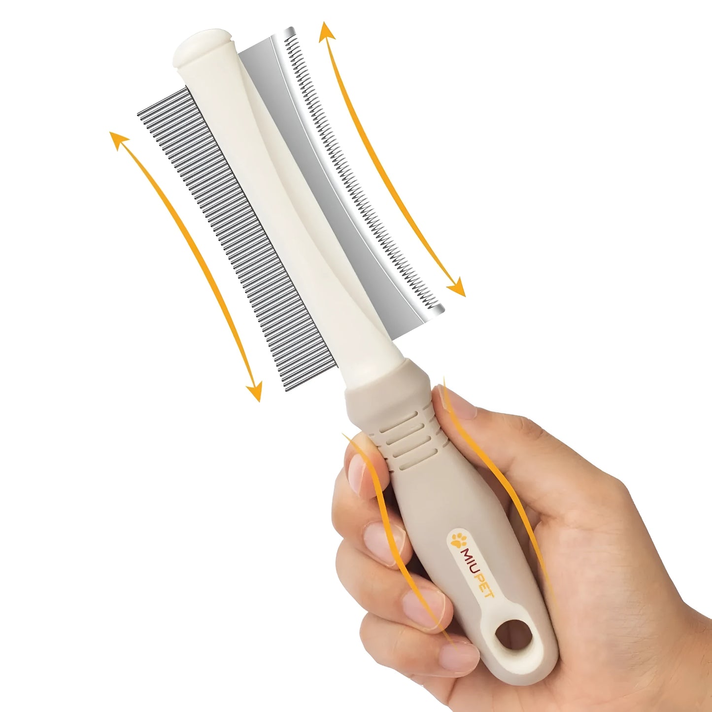 White 2-in-1 dog and cat deshedding brush with curved comb and anti-slip handle for grooming
