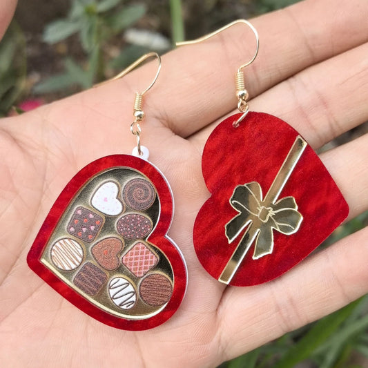 Romantic red heart-shaped earrings with an ice cream-inspired design in water-pattern or sequin finishes