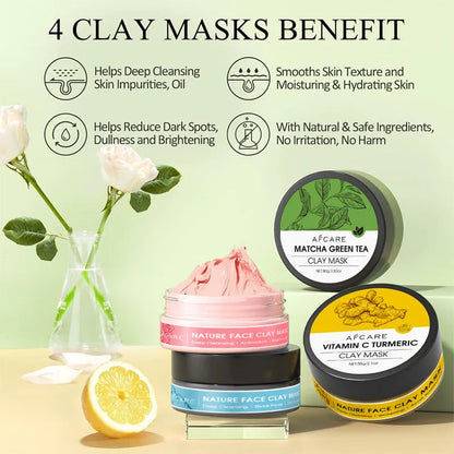 Four-pack Dead Sea mud clay masks with green tea turmeric rose formula 80ml each