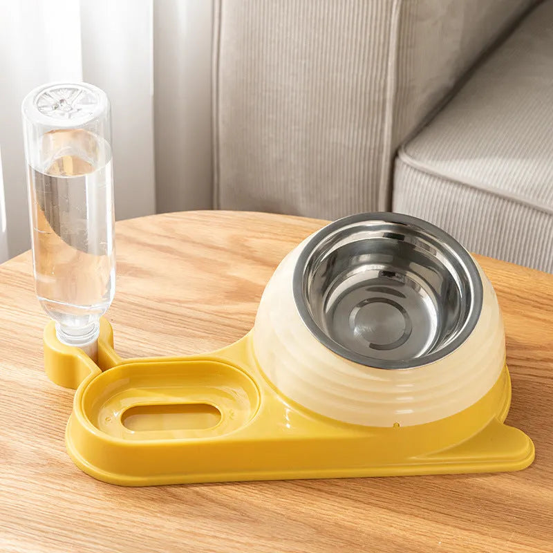 Brown elevated automatic water and food bowl set for cats and small dogs on a wooden floor.