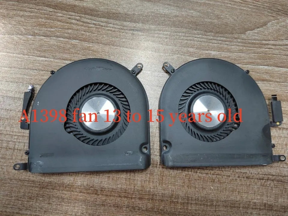 A1398 laptop cooling fan for MacBook models 12-inch to 15-inch, replacement part with plastic housing and metal blades
