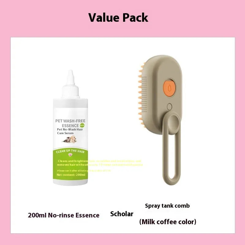 Dog grooming spray bottle and massaging comb kit on a white background.