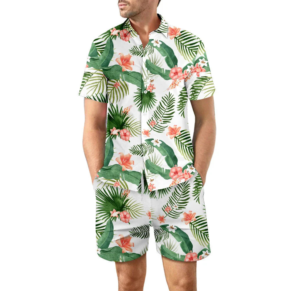 Stylish two-piece beach outfit with a relaxed button-up shirt and drawstring shorts in vibrant tropical prints