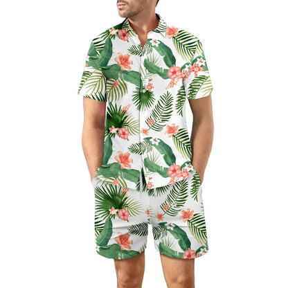 Stylish two-piece beach outfit with a relaxed button-up shirt and drawstring shorts in vibrant tropical prints