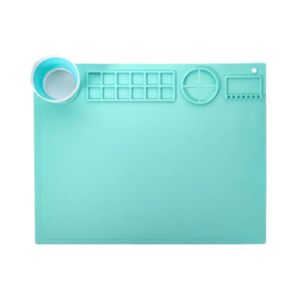 Silicone double bowl painting mat in green colour, 50x40cm with integrated mixing bowls for watercolour art