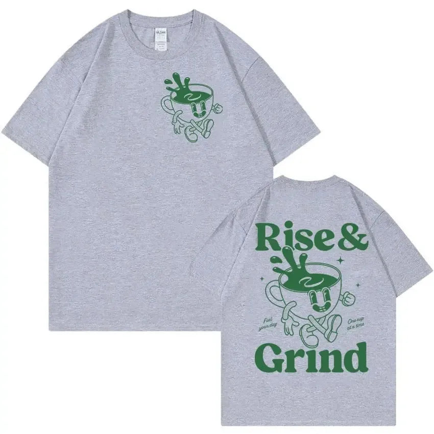 Man wearing a loose linen t-shirt with a printed Rise And Grind Green Coffee cartoon illustration.