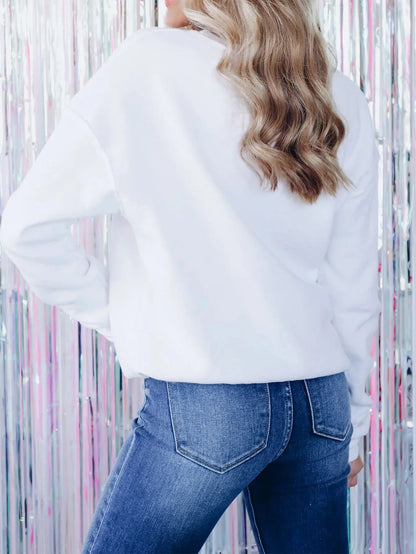 Women's Christmas Tree Sequin Sweatshirt in milky white with sparkling embroidery, perfect for holiday fashion.