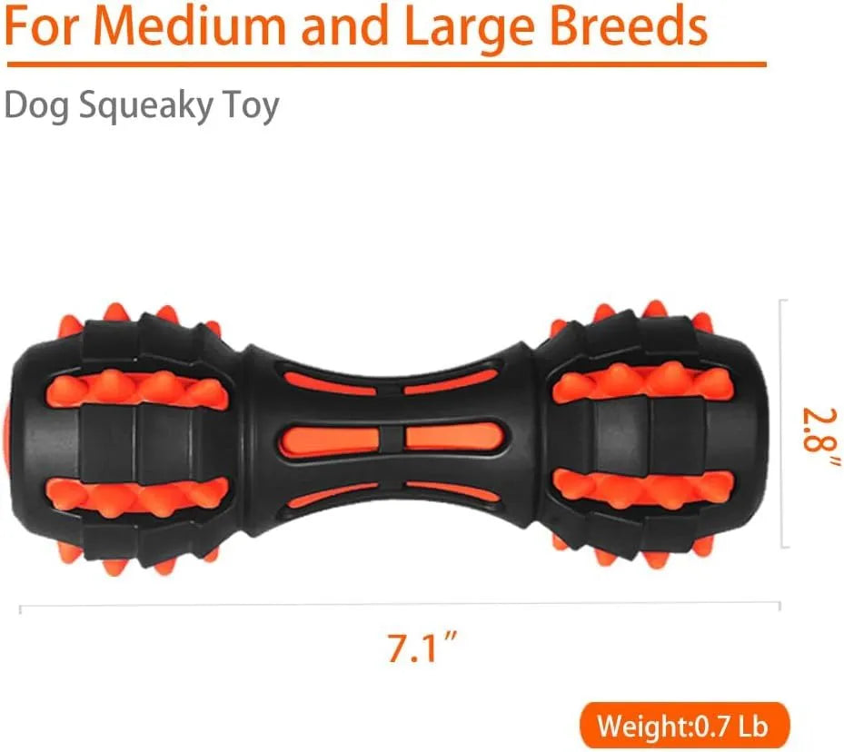 Red dumbbell-shaped dog chew toy for aggressive chewers, made from natural rubber