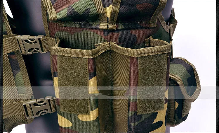 High-density 600D polyester tactical vest for outdoor training in jungle camouflage, military green, and mud
