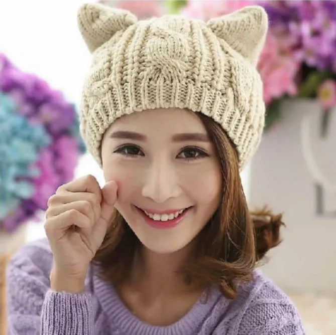 Handmade 3D cat ear knitted beanie in multiple colours showing 25cm width and 22cm height dimensions