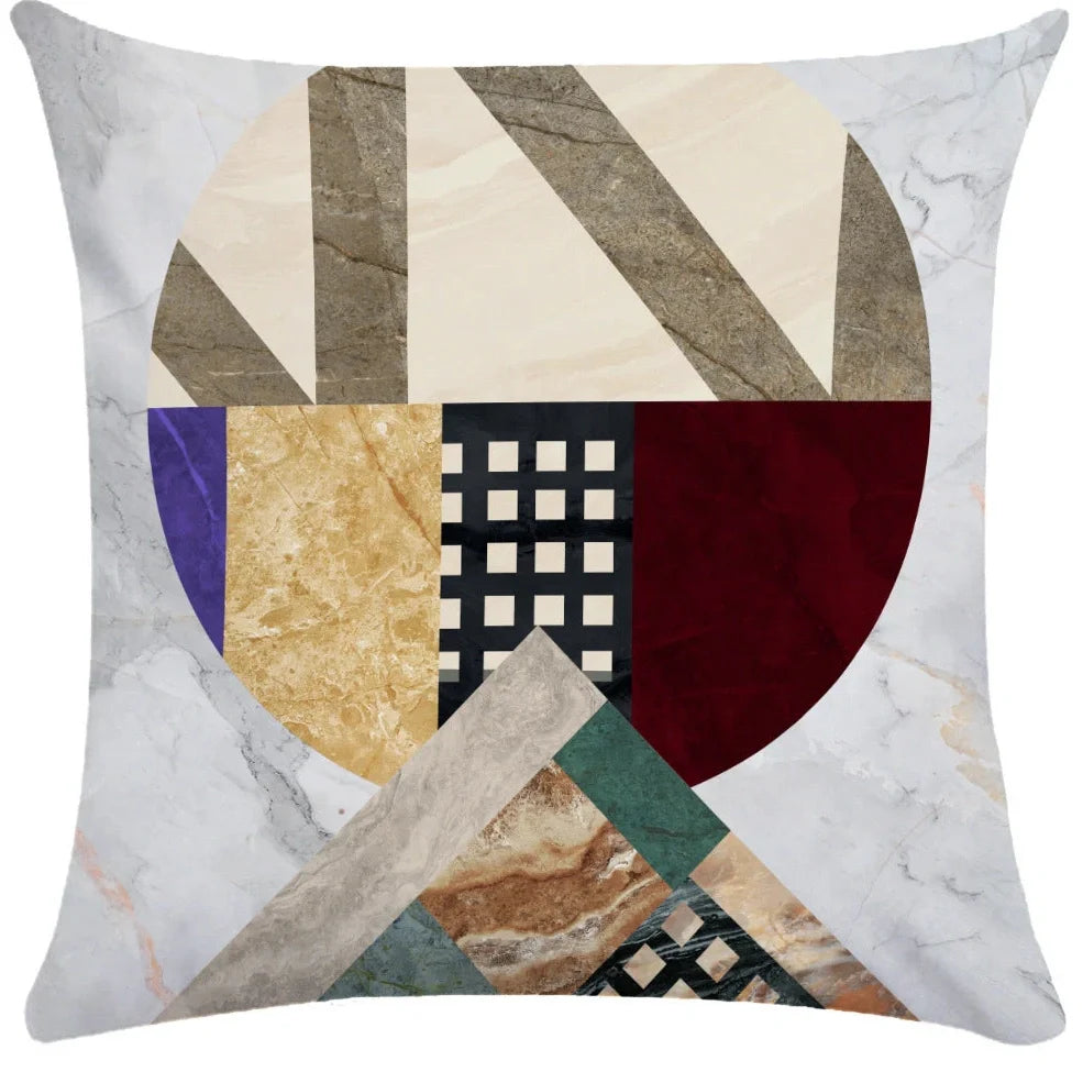 Geometric pattern throw pillow on office sofa showing 45x45cm size with plush fabric texture