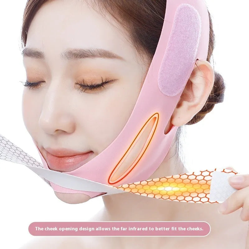 Pink and black elastic V-shaped face bandage for facial contouring and skin toning.